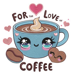 Adorable cartoon-style coffee cup embroidery