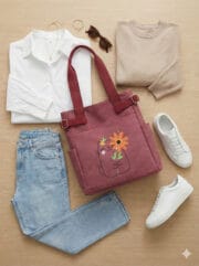 Embroidered cat tote bag for cat lovers, burgundy canvas shoulder bag with sunflower design, styled with white sneakers and jeans.