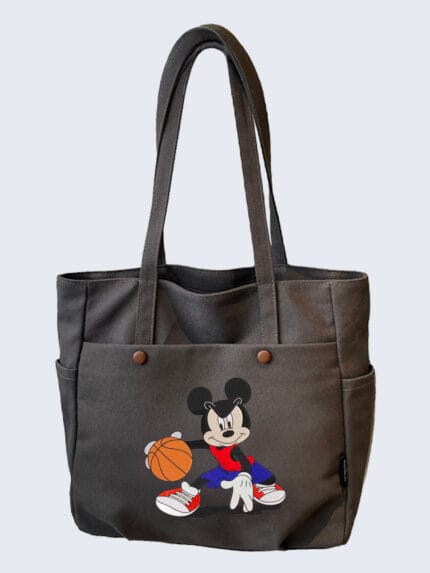 Bouncing into Fashion with Mickey Mouse Playing Basketball Cartoon Theme Embroidered Tote Bag