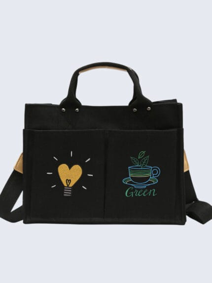 Illuminate Your Style—Shop the Light Bulb & Coffee Cup Theme Embroidered Geek Tote Today