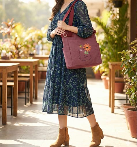 A woman in a navy floral midi dress and tan boots carrying a burgundy tote bag with a cute embroidered cat holding a sunflower at a sunny outdoor cafe.