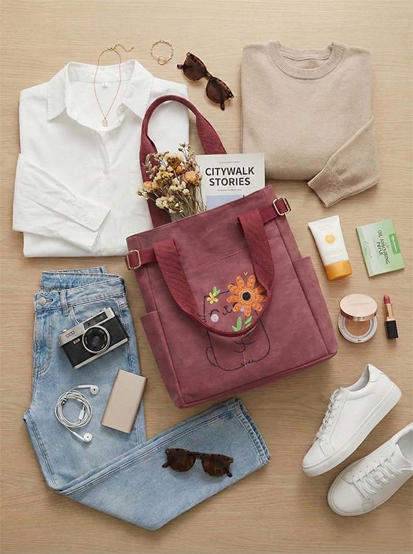 A top-down flatlay of a Weekend Citywalk outfit featuring a plum-colored canvas tote bag with a whimsical cat and sunflower embroidery