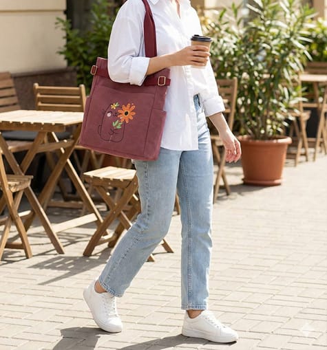 Lifestyle shot of a maroon cat-themed embroidered tote bag styled with a casual outfit and white sneakers at a sidewalk cafe.