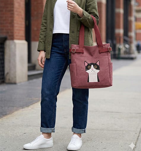 Close-up of a maroon embroidered tote bag with a cute cat design, styled with a casual olive jacket and denim for a minimalist streetwear look.