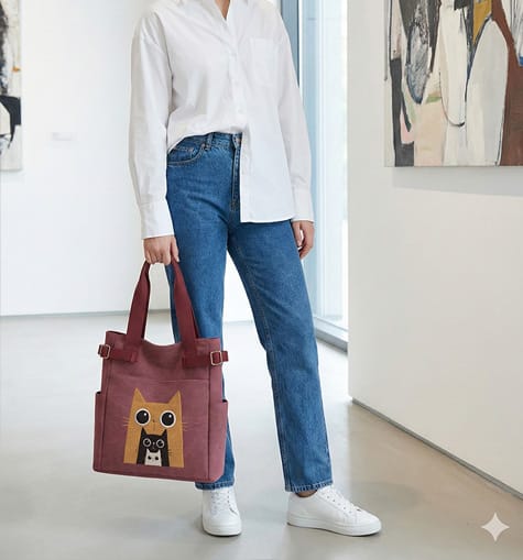 A woman in an art gallery wearing a minimalist outfit of a white button-down and blue jeans, holding a plum-colored canvas tote bag featuring a big-eye cat family embroidery.