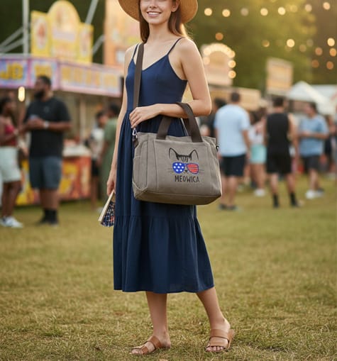 in navy summer dress and straw hat holding a 'Meowica' cat graphic tote bag at a summer fair.