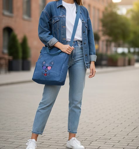 standing on a city street wearing a double denim outfit consisting of a dark denim jacket and light-wash vintage jeans. She is carrying a navy blue tote bag featuring a whimsical embroidered dog wearing American flag sunglasses. The look is completed with a tucked-in white t-shirt and clean white sneakers.