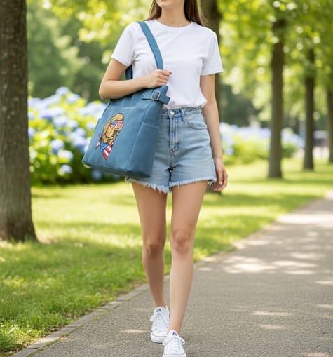 styled in a classic Americana outfit consisting of a crisp white T-shirt, high-waisted frayed denim shorts, and white canvas sneakers, carrying the blue Golden Retriever tote bag while walking through a sunny outdoor festival.