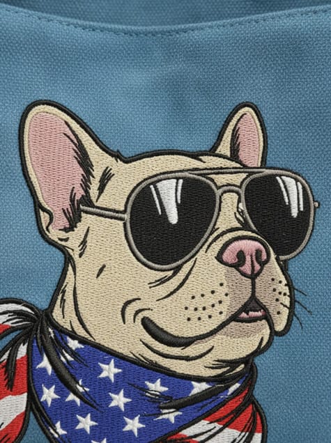 The Aviator Bulldog embroidered tote bag detail featuring a tan Frenchie with sunglasses and American flag style scarf.