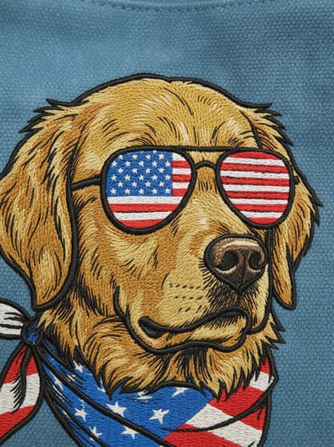 A high-resolution close-up of The Patriotic Pup embroidery on blue fabric. The design features a golden-haired dog wearing aviator sunglasses with an American flag pattern in the lenses and a matching stars-and-stripes bandana. The intricate threadwork shows textured fur and detailed stitching.