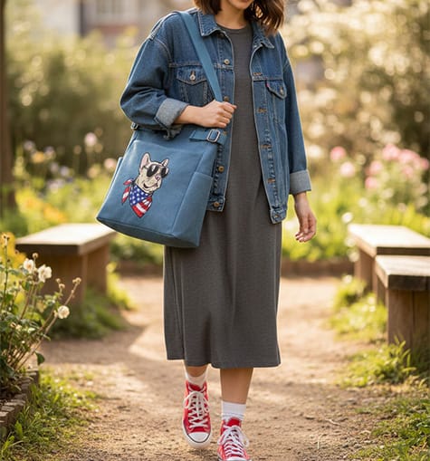 Close-up of a blue canvas crossbody bag with a detailed embroidery of a French Bulldog wearing an American flag bandana and sunglasses, styled with a denim jacket and casual spring attire.